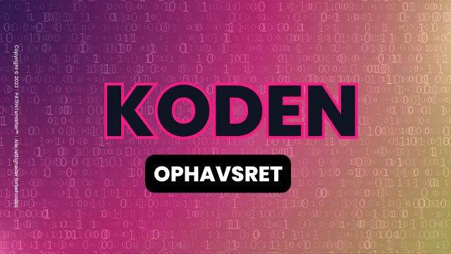 Billede og en 1-0-kode på pink, lilla, gul gradient baggrund - i forgrunden teksten koden i sort med pink kontur og underteksten "ophavsret" hvid skrift på sort baggrund