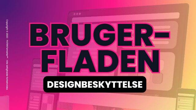 En enkel brugerflade til pc, tablet og telefon på lilla, pink, gul gradientbaggrund. I forgrunden: "brugerfladen" med sort skrift og lyserød kontur og undertitlen "designbeskyttelse".