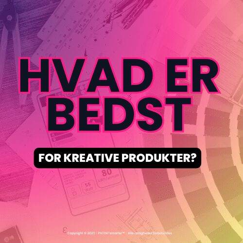 En spiledesigs-arbejdspladsmed farveprøver og designværktøjer på en lilla, pink, gul gradientbaggrund. I forgrunden_Hvad er bedst for kreative produkter?