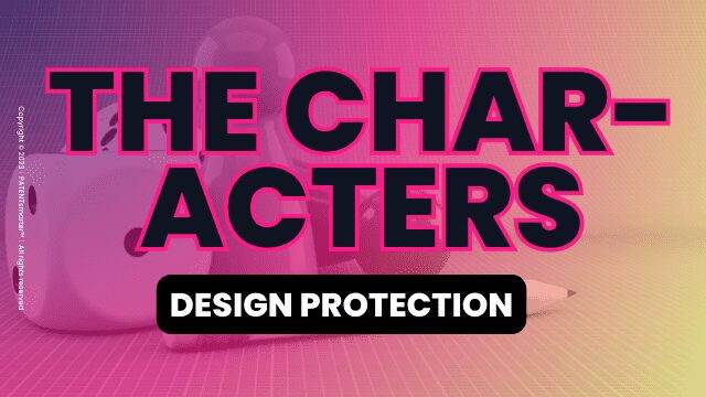 Image of board game characters and pieces on purple, pink, yellow gradient background. In the foreground: "the characters" in black lettering and pink outline and the subtitle "design protection".