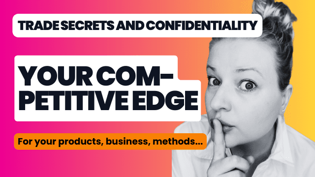 This images shows a portrait of gyde holding a finger against her mouth in a "ssshh" gesture on a pink and orange gradient backgournd. The following text is added on top of - and to the left of gydes image: trade sercets and confidentiality. Your competitive edge for your products, business and methods... "