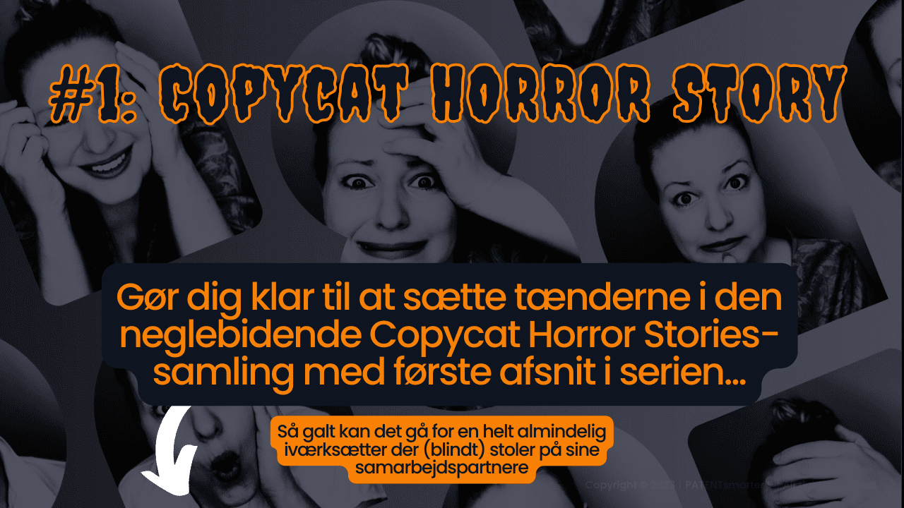 Dekorative tapetbilleder af forskellige ansigter af ødelæggelse og rædsel af gyde, ceo for patentsmarter™: copycat horror story #1: dekorativt billede med tekst: "gør dig klar til at sætte tænderne i den nervepirrende copycat horror stories-samling med denne første episode... Så galt kan det gå for en ordensmenneske, der (blindt) stoler på sine forretningspartnere. "