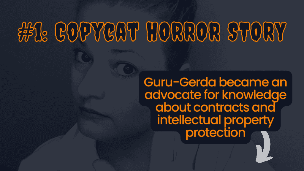 Decorative dark serious image of gyde, ceo of patentsmarter™ looking at viewer with a serious facial expression: copycat horror story #1: decorative image with text: "guru-gerda became an advocate for knowledge about contracts and intellectual property protection"