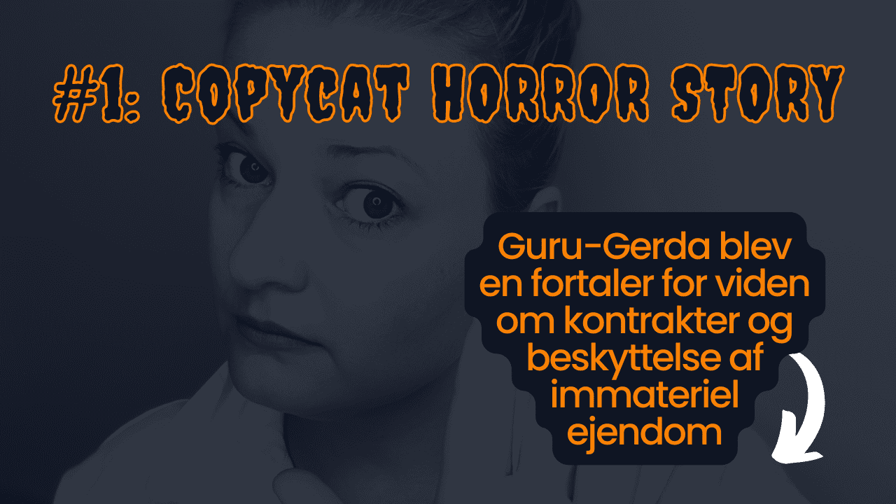 Dekorativt, mørkt og seriøst billede af gyde, ceo for patentsmarter™, der ser på beskueren med et alvorligt ansigtsudtryk: copycat horror story #1: dekorativt billede med tekst: "guru-gerda blev fortaler for viden om kontrakter og immateriel ejendom beskyttelse"