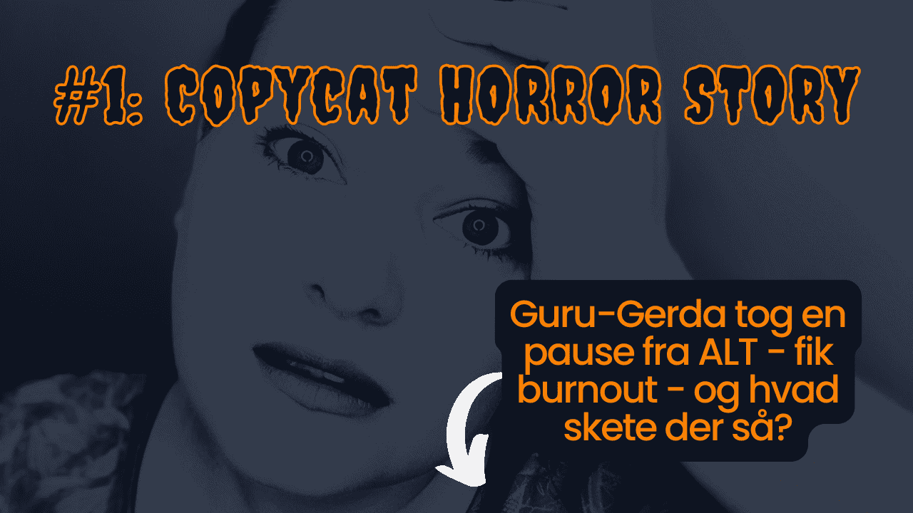 Dekorativt, mørkt og stemningsfuldt billede af gyde, ceo for patentsmarter™, der ser udmattet ud: copycat horror story #1: dekorativt billede med tekst: "guru-gerda tog en pause fra alt - hun brændte ud - hvad nu"