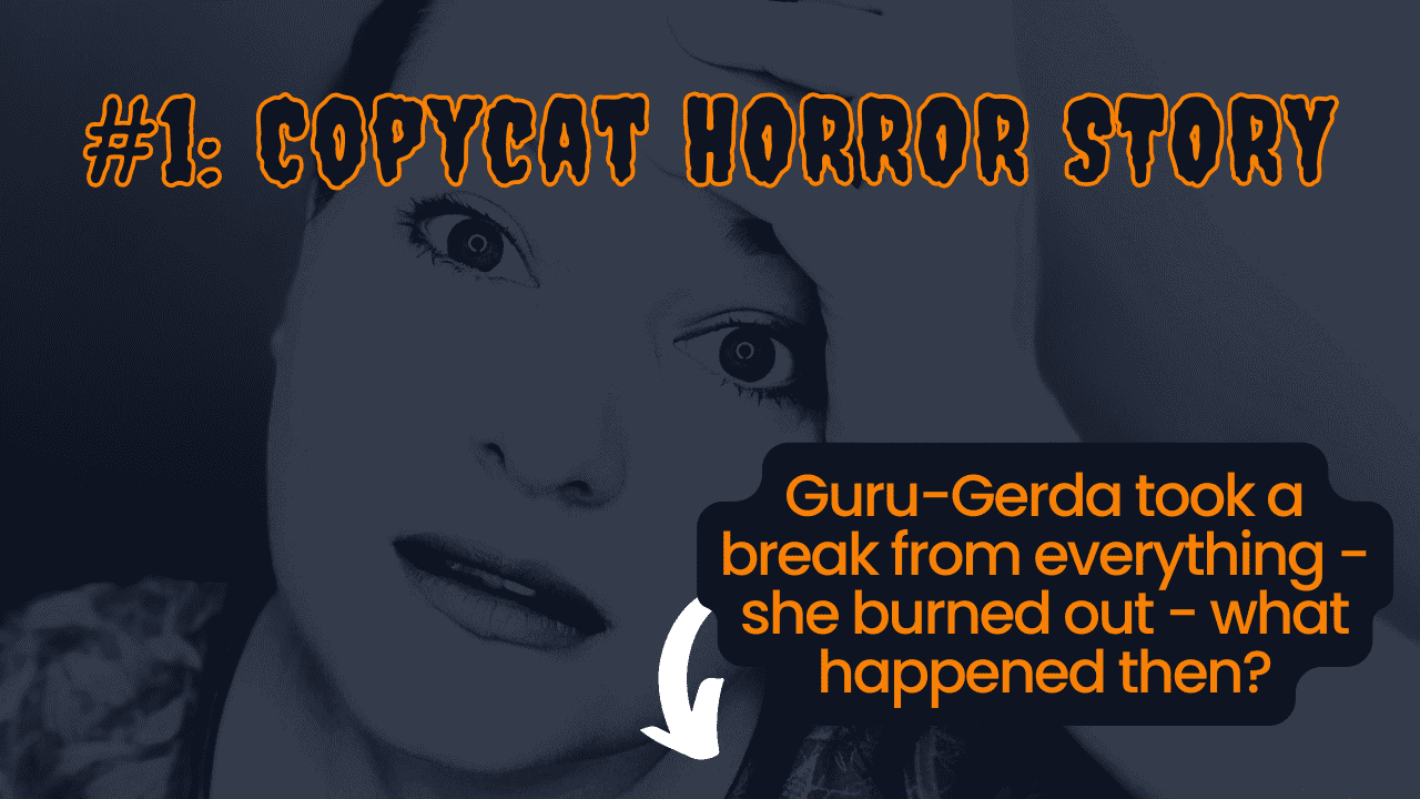 Decorative dark moody image of gyde, ceo of patentsmarter™ looking exhausted: copycat horror story #1: decorative image with text: "guru-gerda took a break from everything - she burned out - what now"