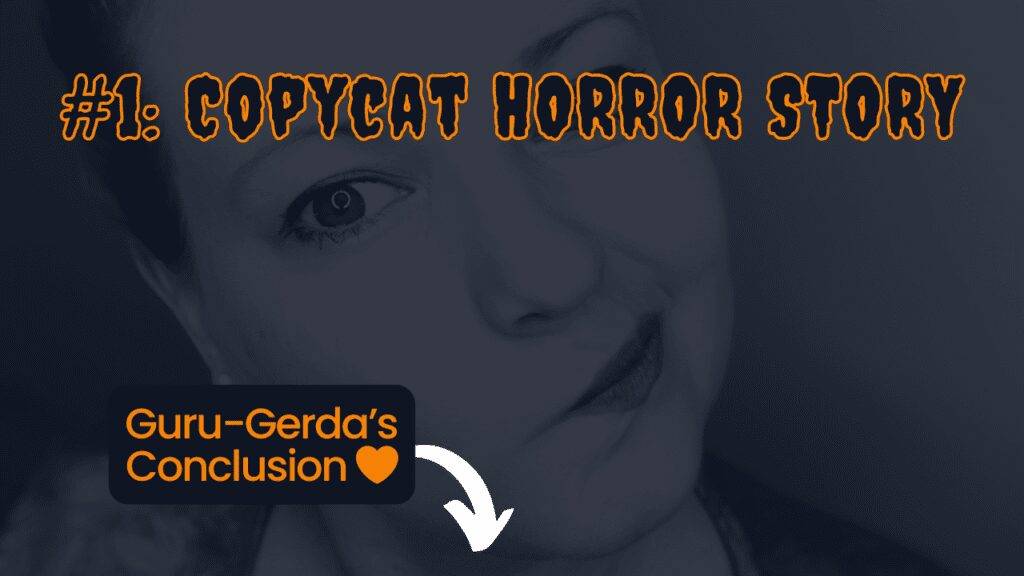 Decorative close-up portrait in dark colors of gyde, ceo of patentsmarter™ with a thinking facial expression, symbolizing weighing of options: copycat horror story #1: guru-gerda’s conclusion 🧡
