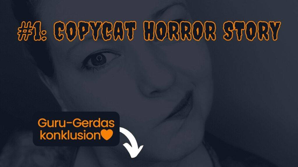 Dekorativt nærbillede i mørke farver af gyde, ceo for patentsmarter™ med et tænkende ansigtsudtryk, der symboliserer afvejning af muligheder: copycat horror story #1: guru-gerda's konklusion 🧡