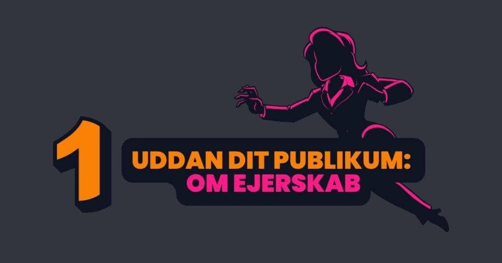 Mørkegrå baggrund, kvindelig ansigtsløs superhelt bag patentsmarter™-brandede 2-farvede overskrifter (pink og orange) og et orange/mørkeblåt nummer 1: oplys dit publikum om ejerskab