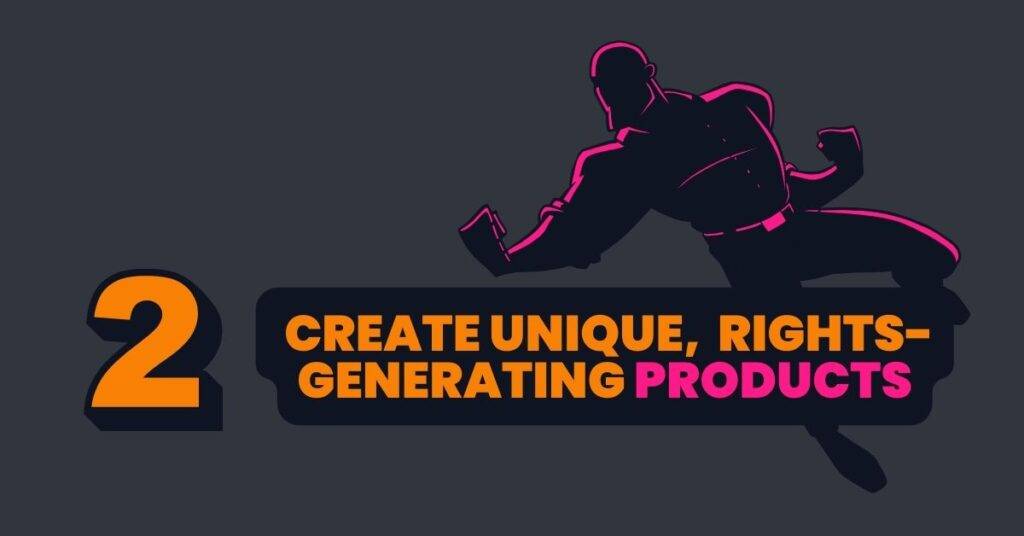 Dark grey bakground, male faceless superhero behind patentsmarter™ branded 2 colored heading (pink and orange), and an orange/darkblue colored number 2: create unique, rights-generating products