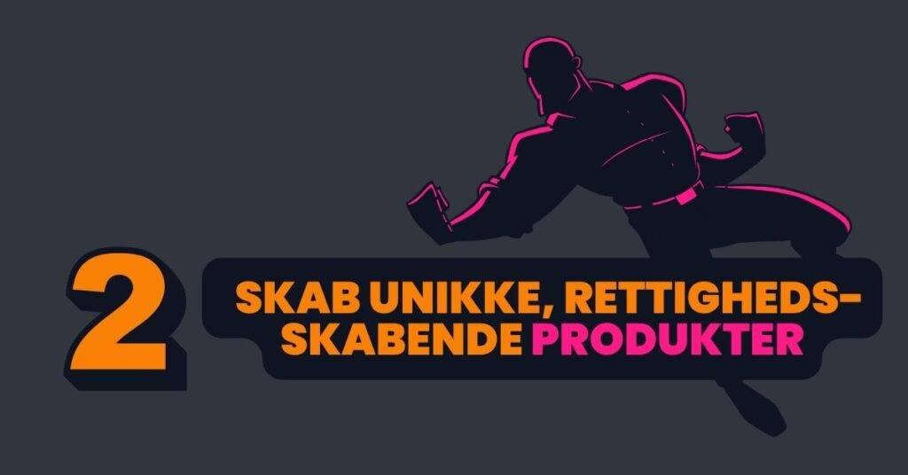 Mørkegrå baggrund, mandlig ansigtsløs superhelt bag patentsmarter™-brandede 2-farvede overskrifter (pink og orange) og et orange/mørkeblåt nummer 2: skab unikke, rettighedsgenererende produkter