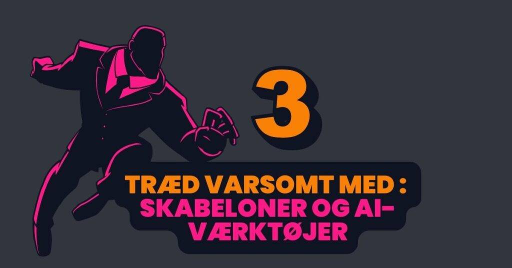 Mørkegrå baggrund, mandlig ansigtsløs superhelt bag patentsmarter™-brandede 2-farvede overskrifter (pink og orange) og et orange/mørkeblåt nummer 3: vær forsigtig med skabeloner og ai-værktøjer
