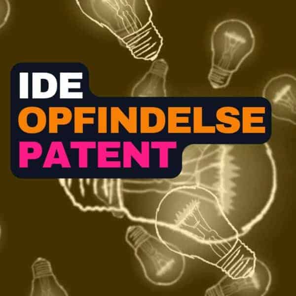 Teksten lyder "IDEA INVENTION PATENT" på en baggrund med illustrerede pærer.