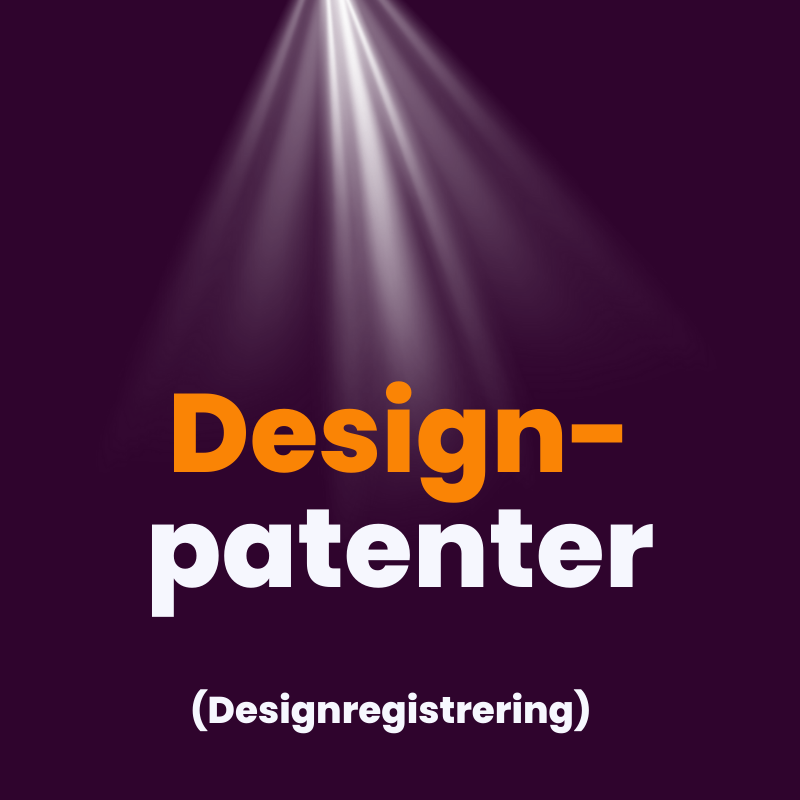 Teksten "designbeskyttelse" vises med fede orange og hvide bogstaver under en spotlight på en mørk baggrund.