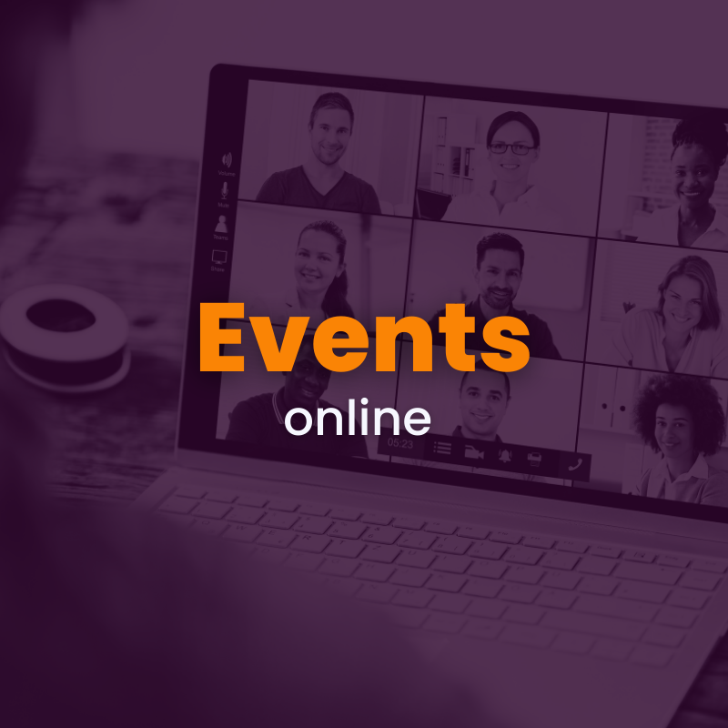 En laptopskærm viser en videokonference med flere personer. Den overliggende tekst lyder "Events online" med fede orange og hvide bogstaver.
