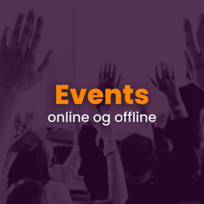 En gruppe løftede hænder med teksten "events online & offline" med fede orange og hvide bogstaver på en lilla baggrund.