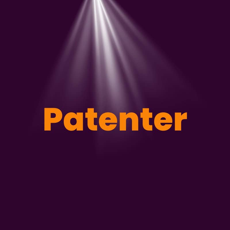 Orange tekst med teksten "patents" oplyses af en spotlight mod en mørk lilla baggrund.