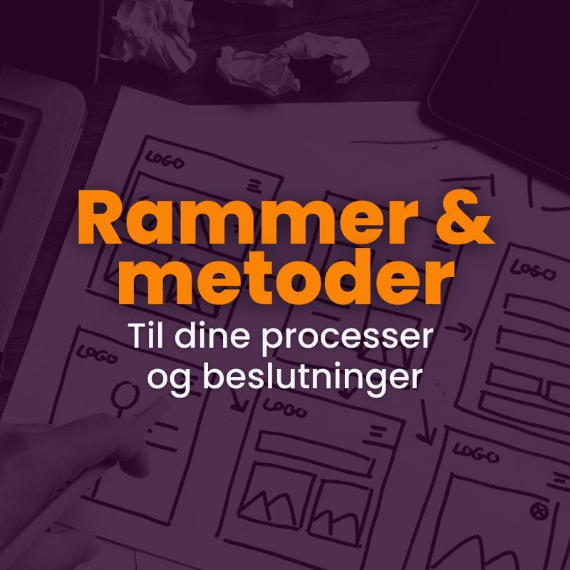 En person peger på et papir med flowcharts og skitser, der er overlejret med teksten "Rammer og metoder for dine processer og beslutninger.
