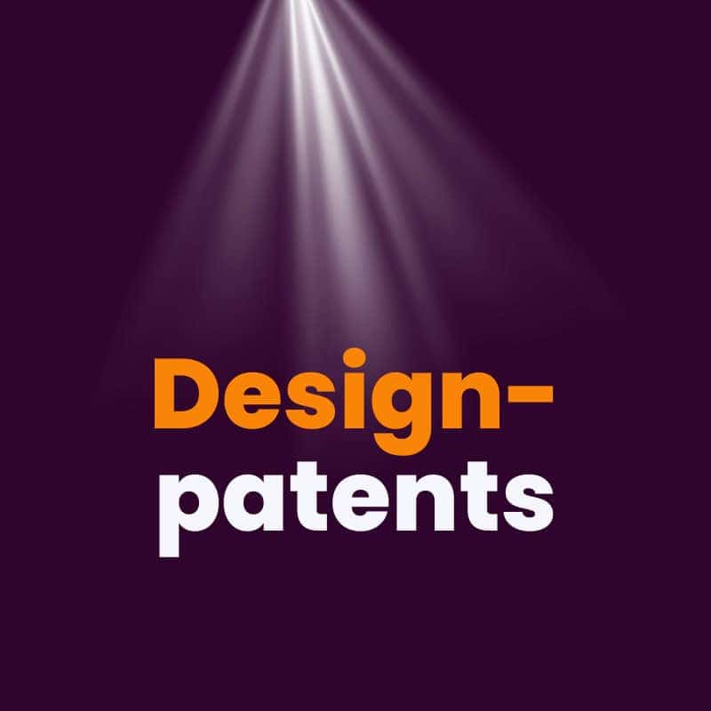 Text "design-patents" is displayed in bold orange and white letters under a spotlight on a dark background.