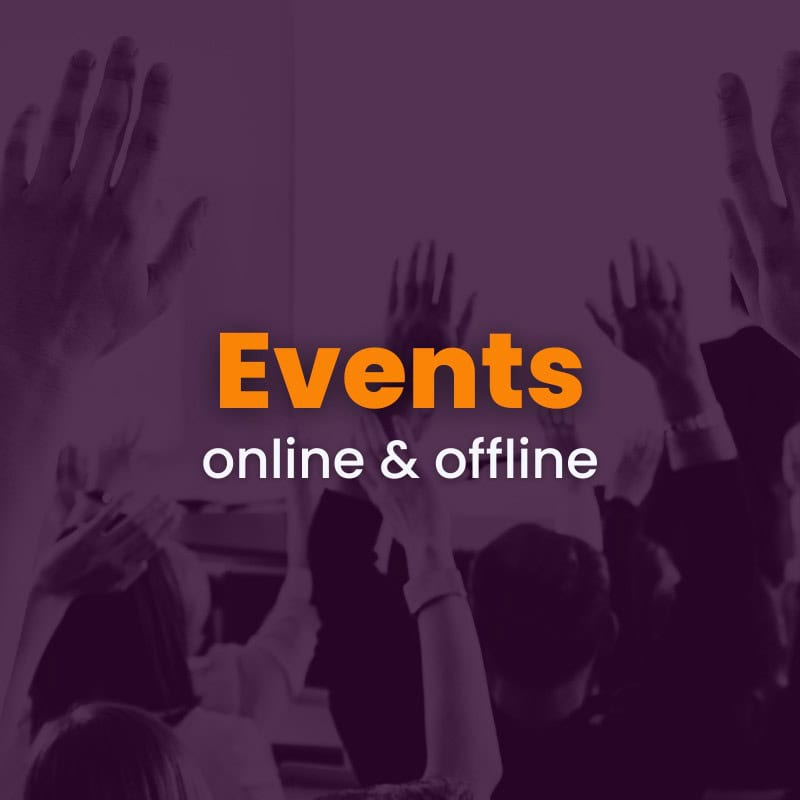 A group of raised hands with the text "events online & offline" in bold orange and white letters over a purple background.