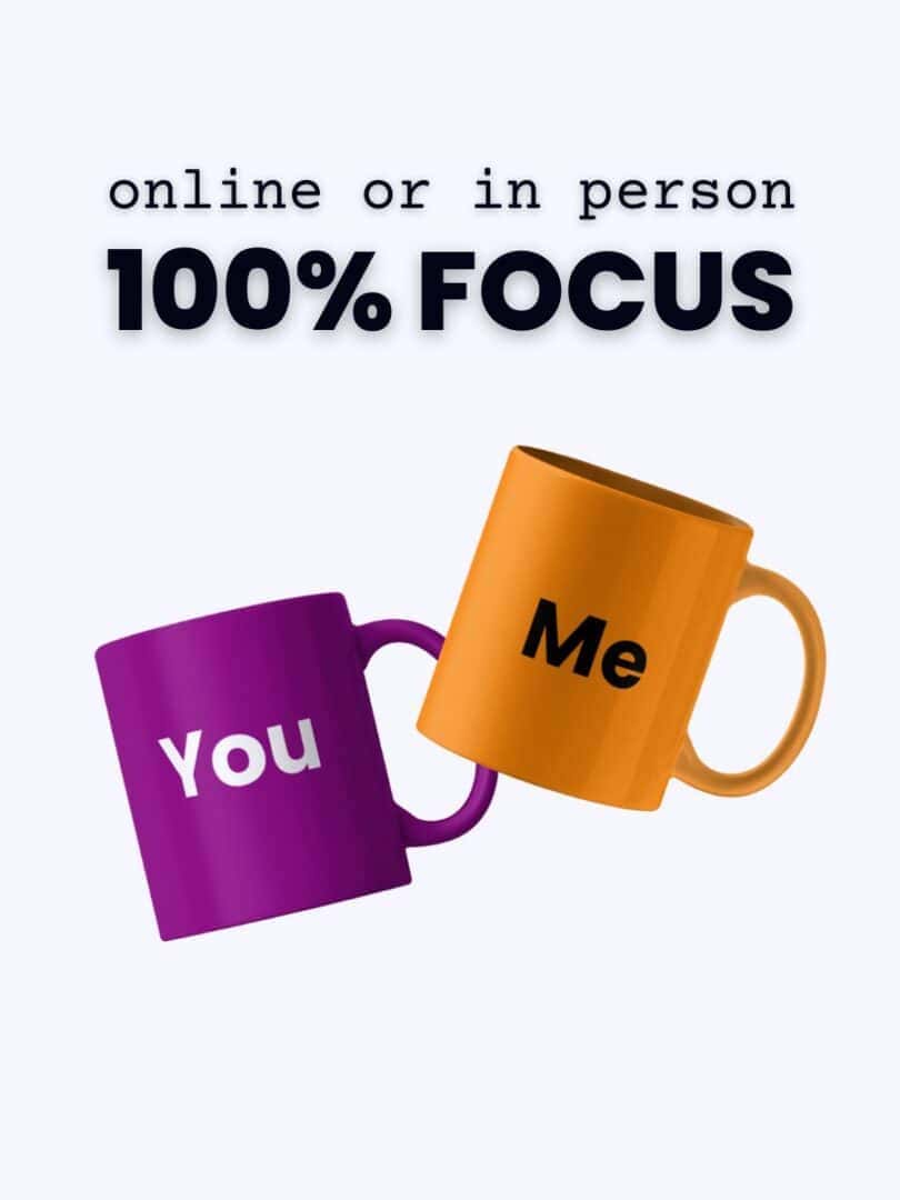 Two mugs, one purple labeled "you" and one orange labeled "me," with text above reading "online or in person 100% focus" on a light background.