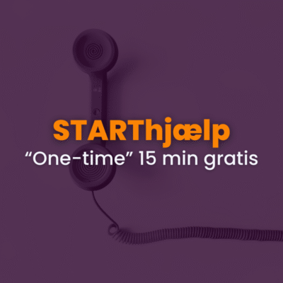 Et telefonrør med teksten "starter-help one-time 15 min free" i fed og almindelig skrift på en lilla baggrund fremhæver starterhelp-tilbuddet.