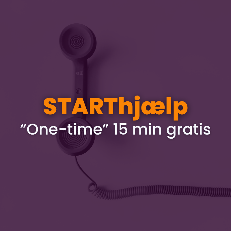 Et telefonrør med teksten "starter-help one-time 15 min free" i fed og almindelig skrift på en lilla baggrund fremhæver starterhelp-tilbuddet.
