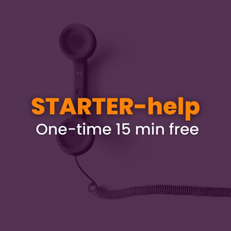 A telephone handset with the text "starter-help one-time 15 min free" in bold and regular fonts on a purple background highlights the starterhelp offer.