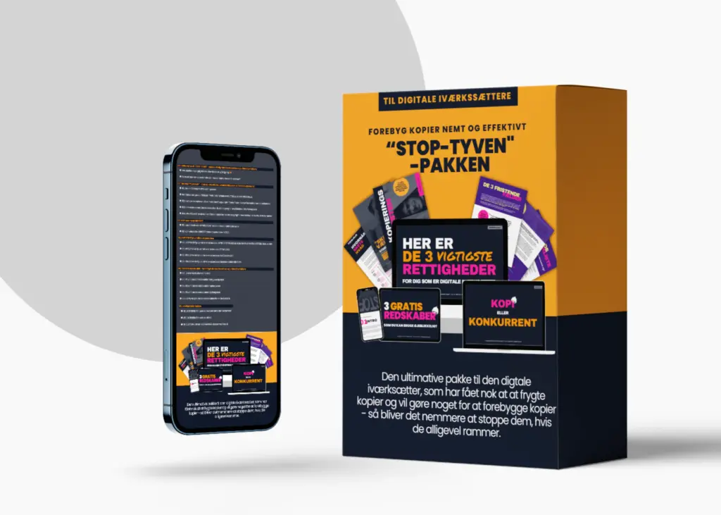 A smartphone and a product box labeled "STOP-TYVEN-PAKKEN" featuring text in Danish about tools and rights for preventing unauthorized copying.